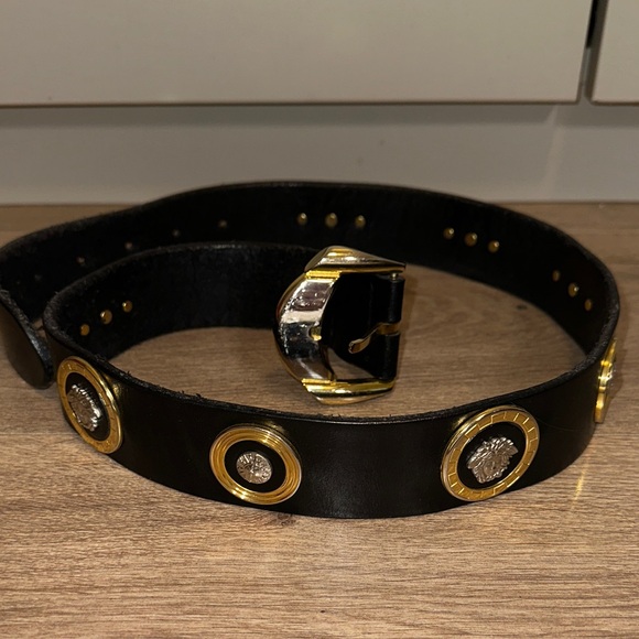 Versace Accessories - Versace Vintage Medusa Black Leather Gold Accents Belt